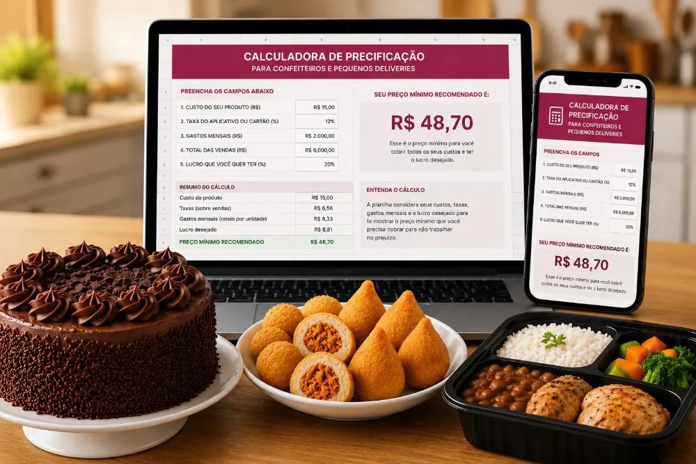 Calculadora de Precificação para Confeiteiros — planilha com resultado R$ 48,70 exibida em notebook e celular, ao lado de bolo, coxinhas e marmita